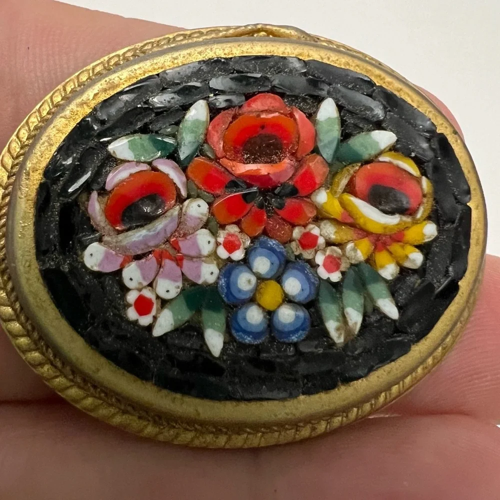 Vintage Micro Mosaic Black Multicolor Floral Goldtone Oval Brooch Italy